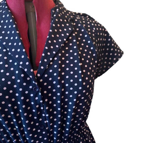 MONTEAU - Polka Dot Button Up Dress Navy Blue short sleeves - medium - Picture 2 of 11
